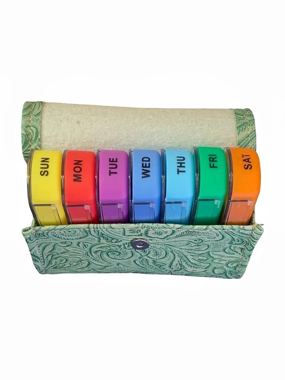 Weekly Pill Organizer Green & Yellow Paisley